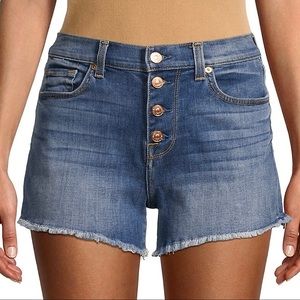 7 For All Mankind High Rise Exposed Button Fly Frayed Raw Hem Denim Shorts NWOT